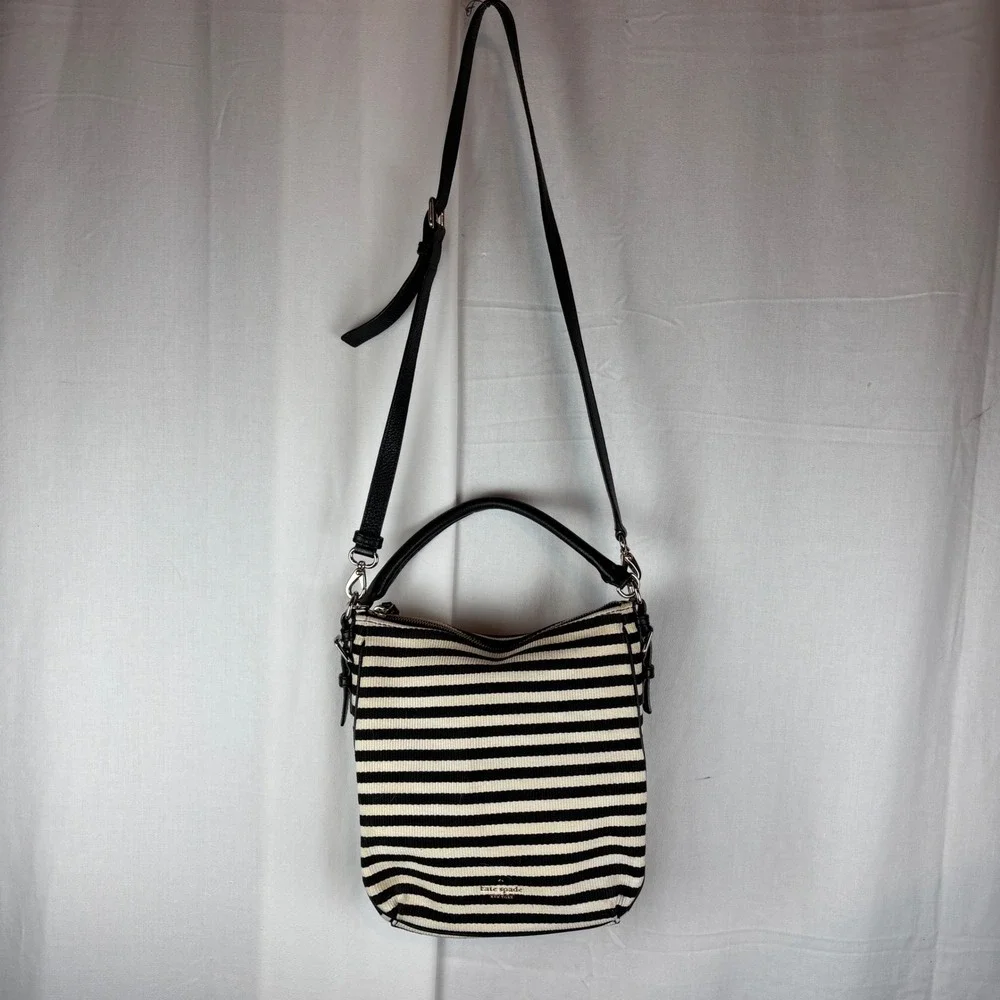 Kate Spade Black White Striped Crossbody Bag Top Handle Purse PXRU4669
